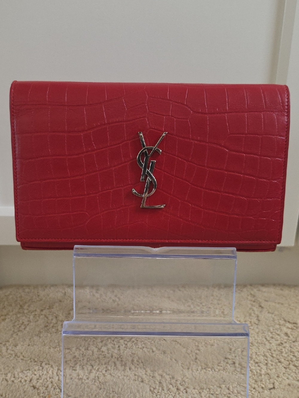 YSL Red Croc-Embossed Leather Wallet Clutch with Silver YSL Hardware